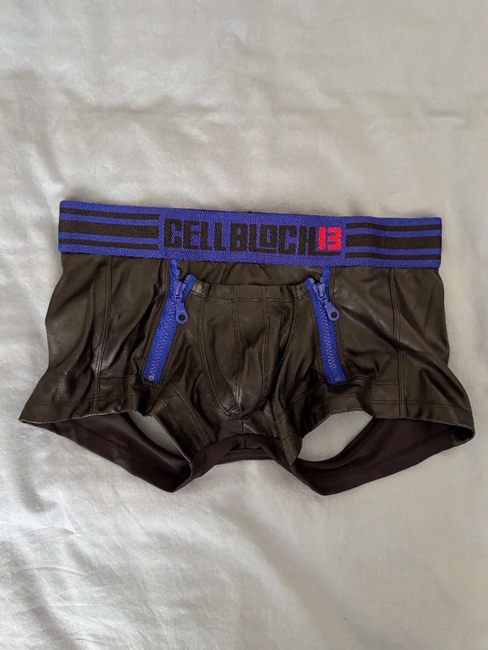 CellBlock 13 PU Leather Jock Brief - Double Zip Pouch - Medium - Black/Blue - Picture 1 of 4